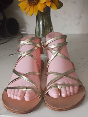 ANCIENT GREEK Gladiator Sandals with Metallic Gold Wrap Women's